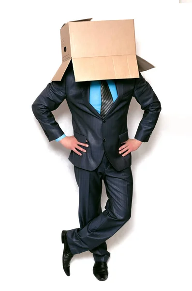 Businessman Hides His Face Cardboard Box His Head Isolated White — Stock Photo, Image