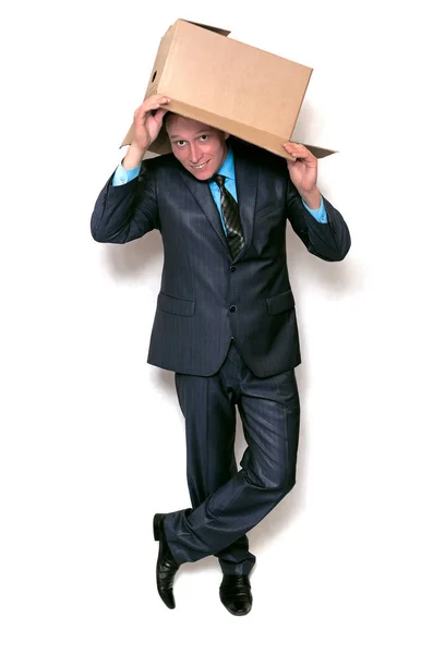 Heureux Homme Affaires Cache Son Visage Dans Une Boîte Carton — Photo