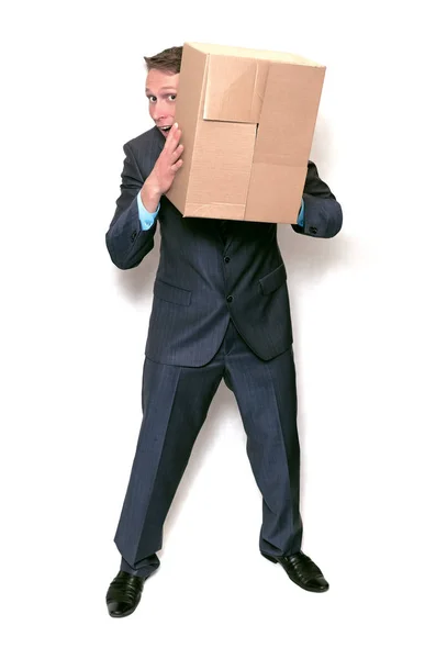 Delivery Man Holding Hands Cardboard Box Package Hides His Face — Stock Photo, Image