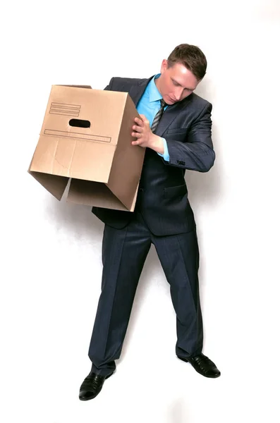 Homme Affaires Tient Colis Postal Dans Une Boîte Carton Secoue — Photo