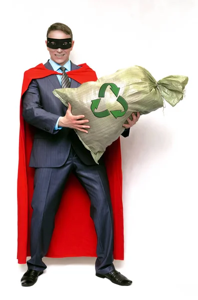 Homem Mais Limpo Super Herói Com Saco Lixo Isolado Fundo — Fotografia de Stock