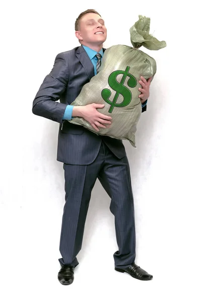 Hombre Negocios Con Bolsa Dinero Afortunado Ganador Amor Por Dinero —  Fotos de Stock
