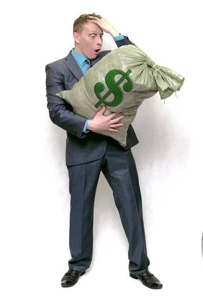 Homem Negócios Com Saco Dinheiro Lucro Vencedor Sorte Receitas Provenientes — Fotografia de Stock