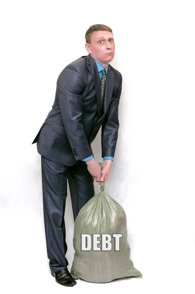 Zakenman Schulden Geld Tas Geïsoleerd Een Witte Achtergrond Het Concept — Stockfoto
