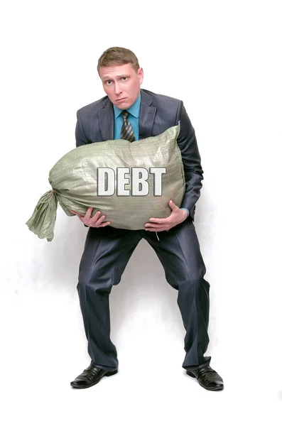 Üzletember Tartozások Pénzeszsák Elszigetelt Fehér Background Adósságok Koncepciójának Fizetni Csődbe — Stock Fotó