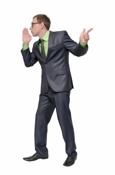 Businessman Tells Secret Information Ear Another Points His Finger Forward — Stock Photo, Image