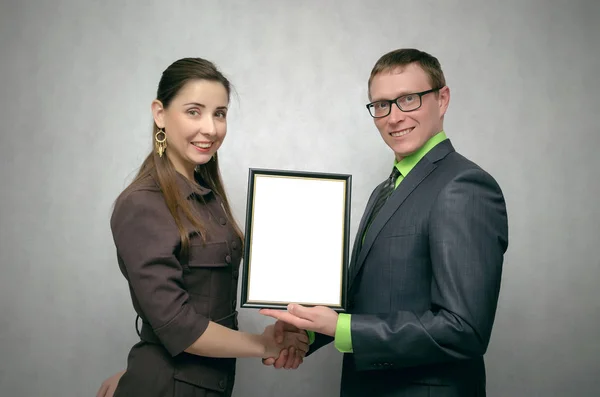 Awarding Diploma Certificate Best Employee Student Mock Winner Award Ceremony — Stock Photo, Image