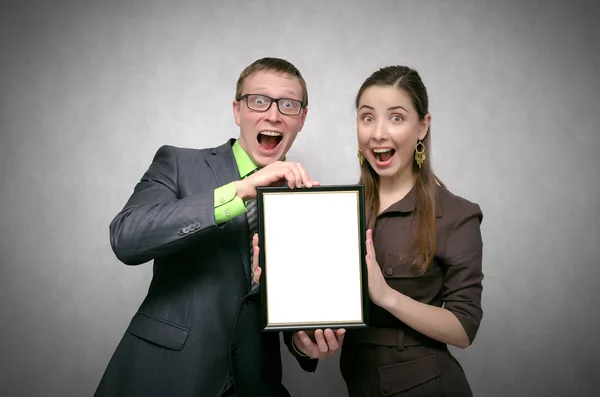 Shocked Amazed Surprised Young Pair Couple Holding Hands Blank Diploma — Stock Photo, Image