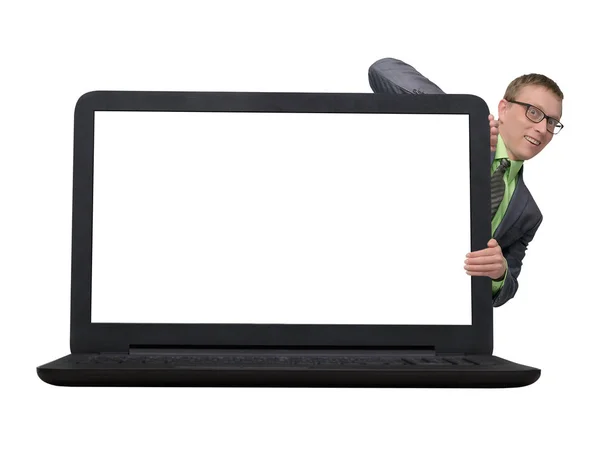 Little Businessman Looks Out Big Laptop Computer Blank Screen Special — Stock Photo, Image