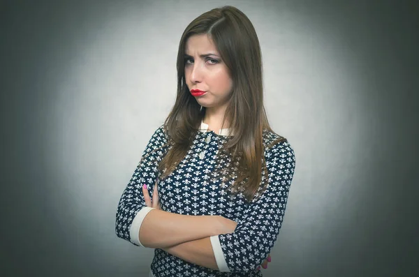 Sad Offended Woman Portrait Isolated Gray Background Vexation Disappointed Girl — Stock Photo, Image