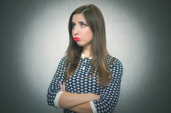 Sad Offended Disappointed Woman Thinking Isolated Gray Background — Stock Photo, Image