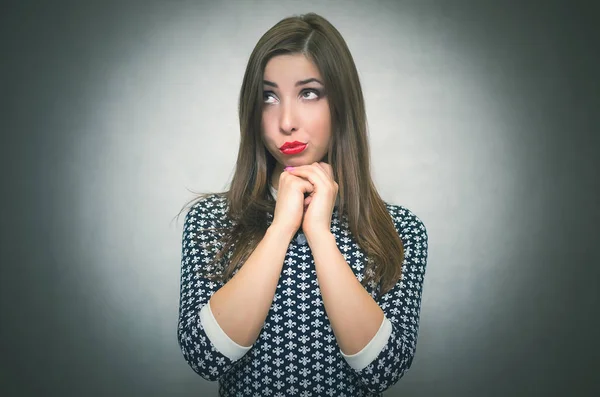 Guilty Ashamed Woman Looking Aside Isolated Gray Background Offended Girl — Stock Photo, Image