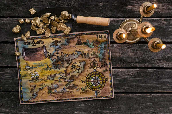 Treasure Map Shovel Full Gold Nuggets Ore Wooden Table Treasure — Stock Photo, Image