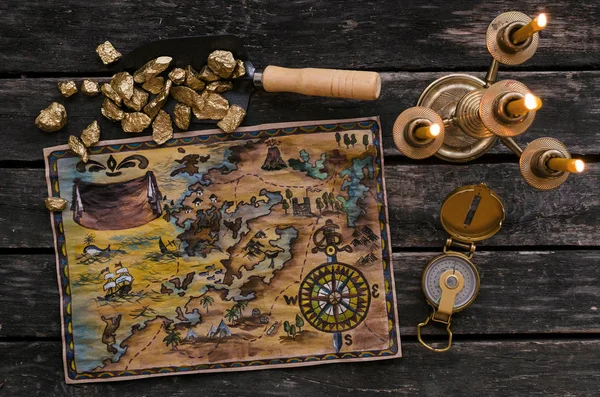 Treasure Map Compass Shovel Full Gold Nuggets Ore Wooden Table — Stock Photo, Image