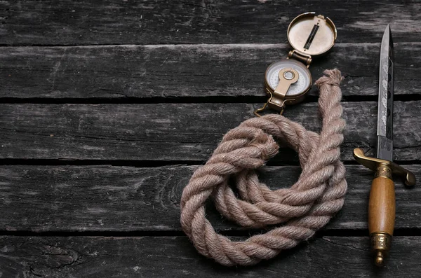 Dagger Blade Moorings Rope Compass Vintage Wooden Background Copy Space — Stock Photo, Image