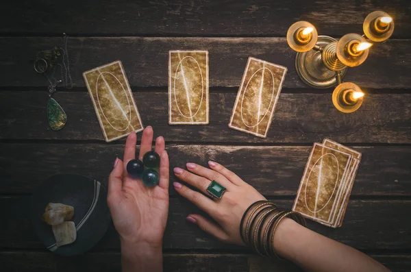 Tarot Kártyák Fortune Teller Asztali Asztali Háttér Futune Olvasó Koncepció — Stock Fotó