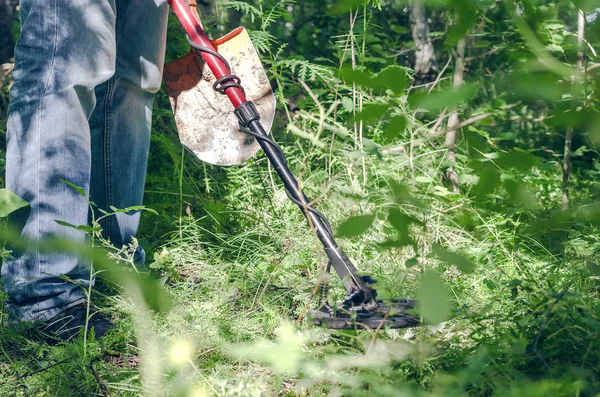 Fém Detektor Érme Kereső Kincs Vadászat Koncepció Keresi Régi Emlékek — Stock Fotó