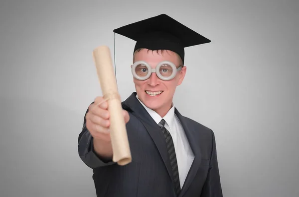 Gediplomeerde Student Het Glb Tevreden Diploma Certificaat Geïsoleerd Een Grijze — Stockfoto