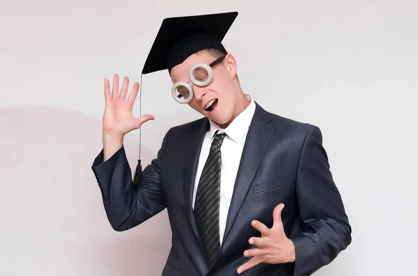 Happy Graduate Student Graduation Cap Dancing Isolated Gray Background Education — Stock Photo, Image