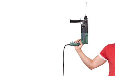 Beyaz arka plan üzerinde izole işçisi el Perofrator matkap.