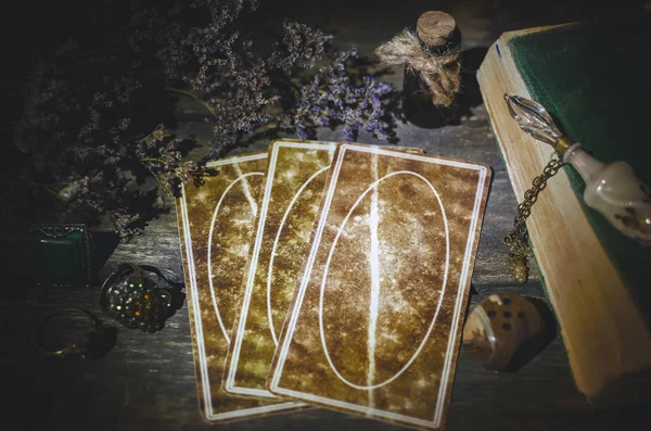 Tarjetas Del Tarot Fondo Mesa Del Adivino Concepto Lectura Futune — Foto de Stock