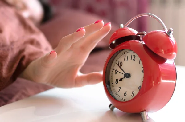 Sleepy Woman Bed Trying Turn Red Alarm Clock Table Morning — Stock Photo, Image