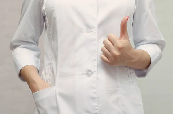 Nurse Medical Gown Showing Thumbs Gesture Good Treatment Result — Stock Photo, Image