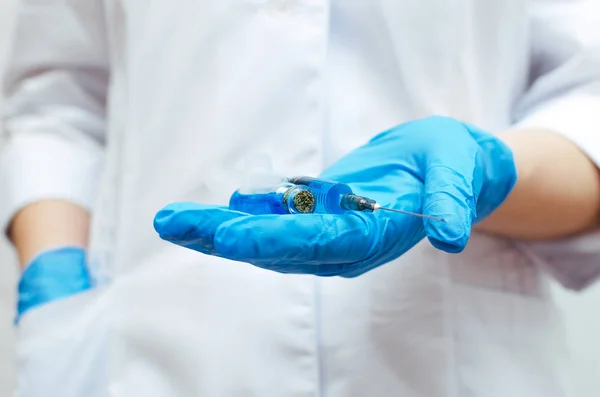 Syringe Blue Medical Drug Doctor Hands Dressed Medical Gown — Stock Photo, Image