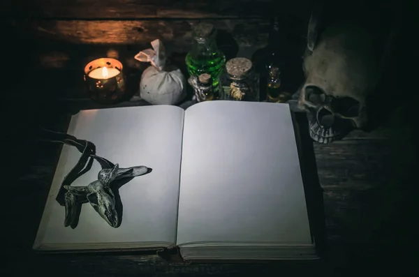 Open book of magic with blank pages on magician table background. The spell book.