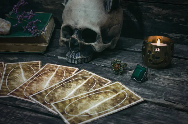 Tarotové Karty Pozadí Stolu Stůl Fortune Teller Futune Čtení Koncept — Stock fotografie