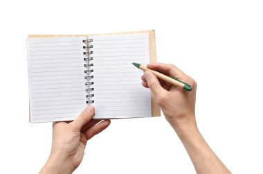 Kopya alanı ve beyaz arka plan üzerinde izole iş adamı elinde kalem ile boş sayfa not etmek.