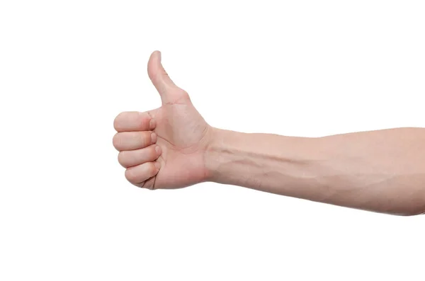 Manlig Hand Visar Tummen Upp Gest Logga Isolerade Vit Bakgrund — Stockfoto