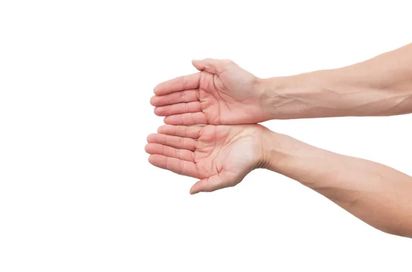 Male Hands Holding Copy Space Object Begging Isolated White Background — Stock Photo, Image