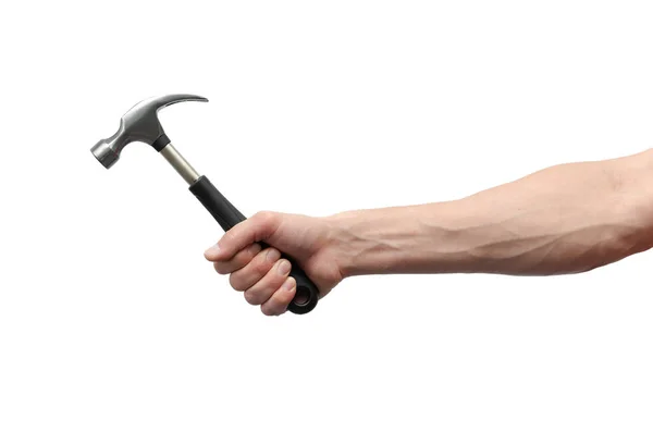 Männliche Hand Hält Einen Hammer Isoliert Auf Weißem Hintergrund — Stockfoto