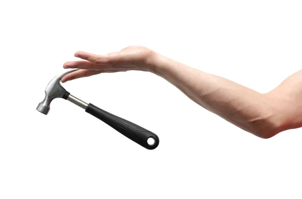 Männliche Hand Hält Einen Hammer Isoliert Auf Weißem Hintergrund — Stockfoto