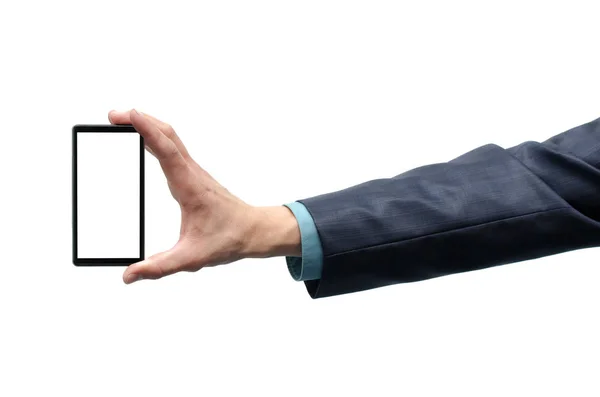 Telefone Celular Com Tela Branco Mão Empresário Isolado Fundo Branco — Fotografia de Stock