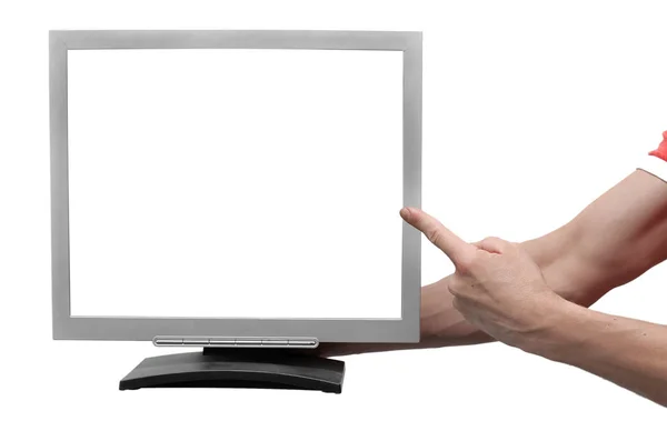 Monitor Computadora Con Pantalla Blanco Mano Masculina Aislada Sobre Fondo — Foto de Stock