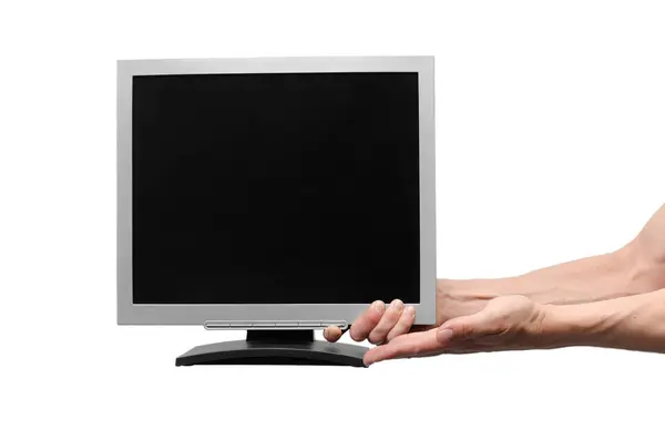 Bilgisayar Monitörü Ile Beyaz Arka Plan Üzerinde Izole Erkek Elinde — Stok fotoğraf
