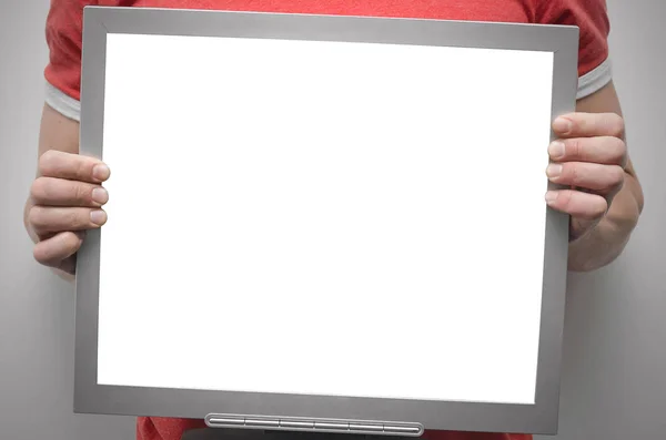 Mann Hält Computermonitor Mit Leerem Bildschirm Isoliert Auf Grauem Hintergrund — Stockfoto