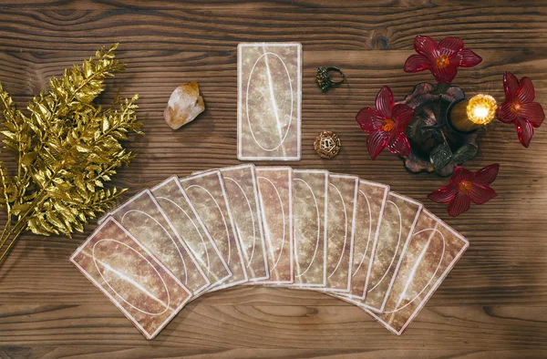 Tarjetas Del Tarot Fondo Mesa Del Adivino Concepto Lectura Futune — Foto de Stock