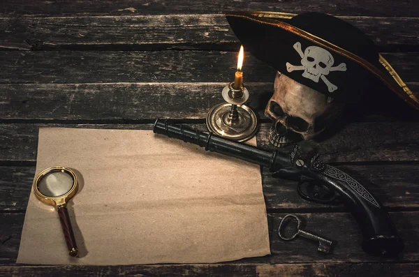 Mapa Del Tesoro Pirata Con Espacio Copia Sombrero Capitán Pirata — Foto de Stock