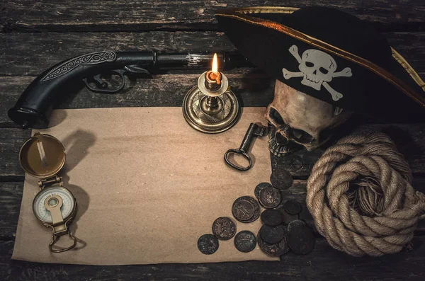 Pirate Treasure Map Copy Space Pirate Captain Hat Compass Coins — Stock Photo, Image