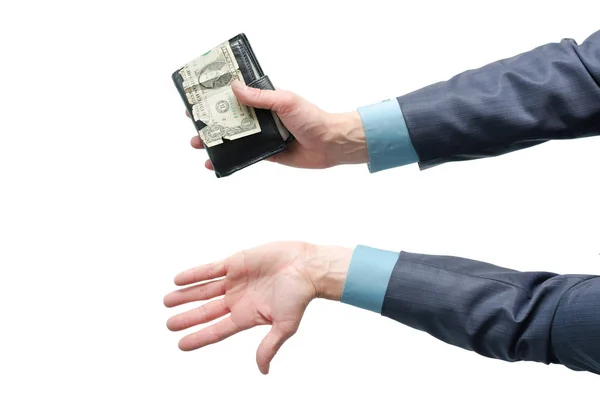 商人的手拿着一个钱包 在白色的背景上隔离了一美元 — 图库照片