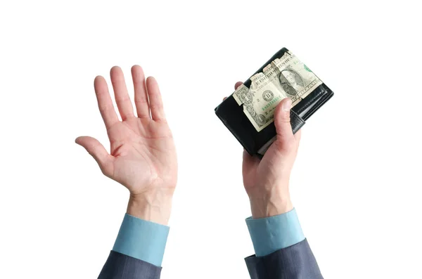 商人的手拿着一个钱包 在白色的背景上隔离了一美元 — 图库照片