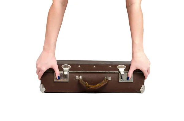 Retro Koffer Vrouwelijke Handen Geïsoleerd Witte Achtergrond — Stockfoto