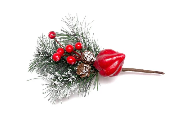 Artificial Christmas Tree Branch Red Berries Cones Isolated White Background — Stock Photo, Image