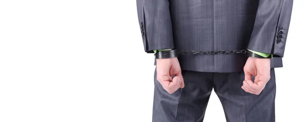 Handcuffs Businessman Hands His Back Isolated White Background Copy Space — Stock Photo, Image