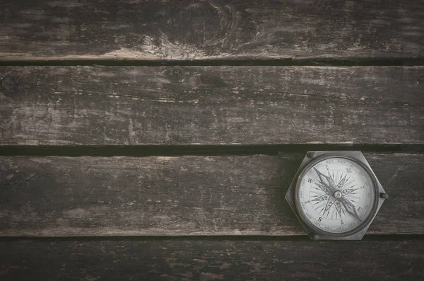 Vintage Compass Wooden Table Background Copy Space — Stock Photo, Image