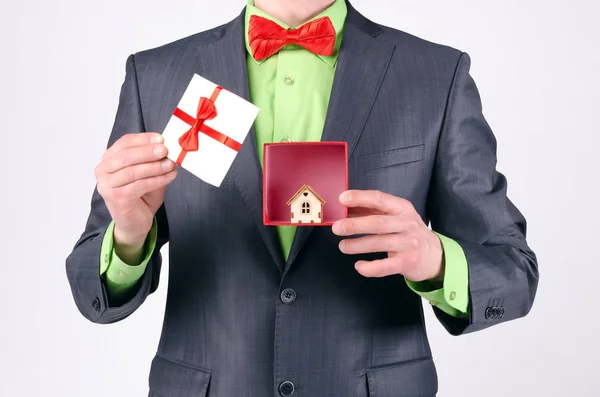 Small House Gift Box Real Estate Agent Hands Gray Background — Stock Photo, Image