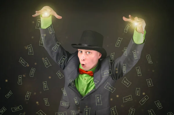 Goochelaar Met Een Bolhoed Zijn Hoofd Een Magische Spreuk Gieten — Stockfoto